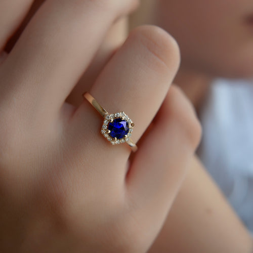 14K Solid Gold Diamond Sapphire Solitaire Ring