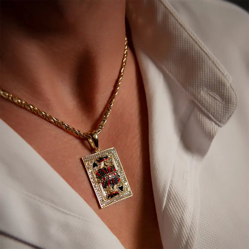 14K Solid Gold King Card Poker Necklace