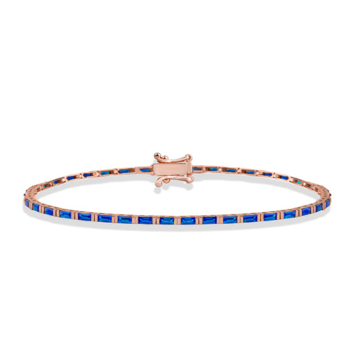 14K Gold Sapphire Baguette Tennis Bracelet / Solid Gold Blue Gemstone Line Bracelet