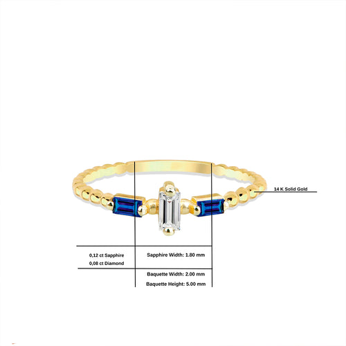 14K Gold Baguette Cut Diamond Sapphire Ring