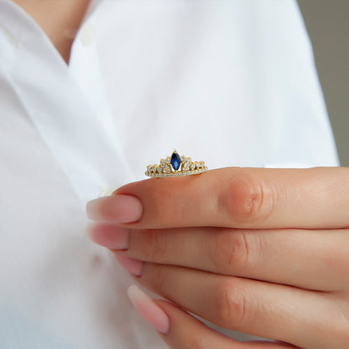 14K Gold Diamond Sapphire Crown Ring