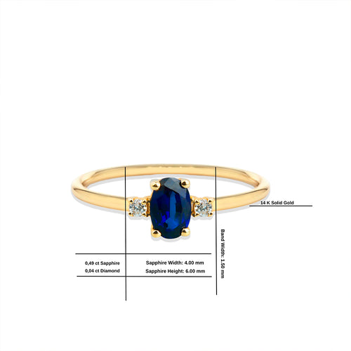14K Gold Oval Cut Diamond Sapphire Ring