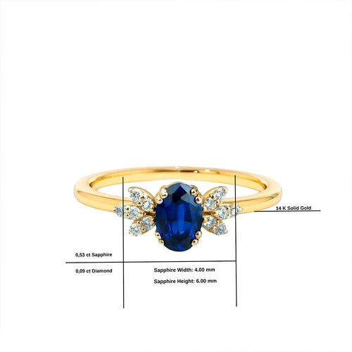 14K Solid Gold Oval Cut Sapphire Ring