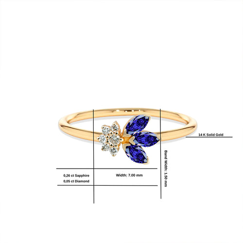 Diamond Sapphire Flower Ring, 14K Gold Everyday Ring