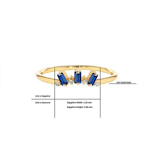 14K Solid Gold Baguette Diamond Sapphire Ring