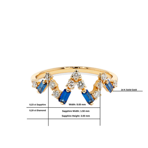 Gold Diamond Sapphire V Shape Ring, 14K Solid Gold Sapphire Ring