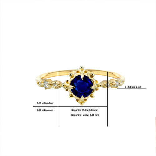 Exquisite Gold Ring with Round Blue Sapphire and Elegant Floral Design