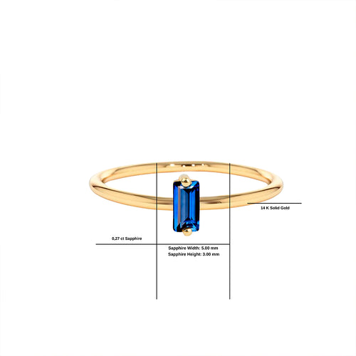 14K Solid Gold Baguette Cut Solitaire Sapphire Ring