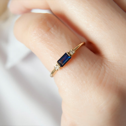 Baguette Sapphire Ring with Diamond Side Stones