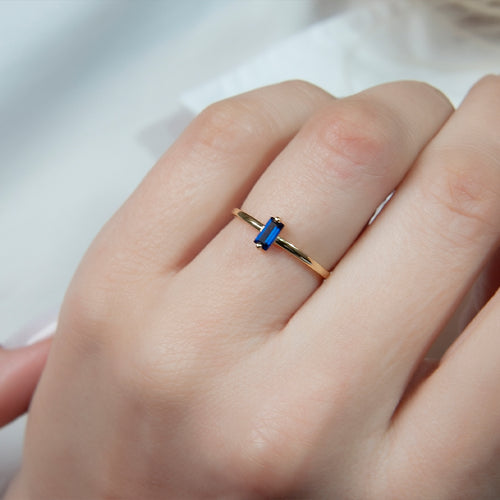 14K Solid Gold Baguette Cut Solitaire Sapphire Ring