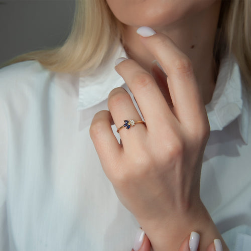 Diamond Sapphire Flower Ring, 14K Gold Everyday Ring