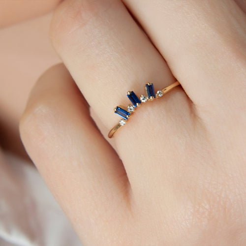 14K Solid Gold Baguette Diamond Sapphire Ring