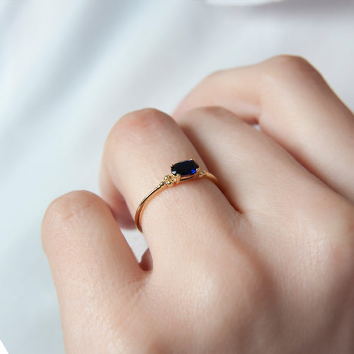 14K Solid Gold Oval Minimalist Natural Diamond Sapphire Ring