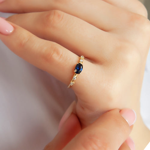14K Solid Gold Oval Cut Diamond Sapphire Ring