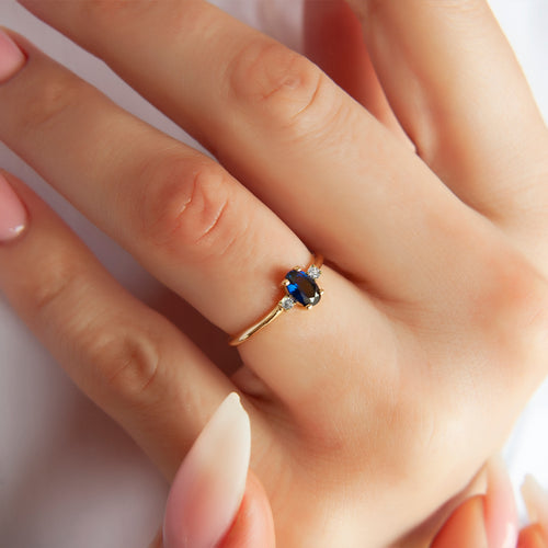 14K Gold Oval Cut Diamond Sapphire Ring