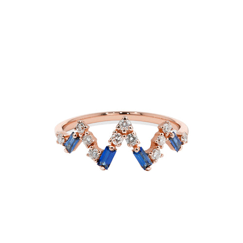 Gold Diamond Sapphire V Shape Ring, 14K Solid Gold Sapphire Ring