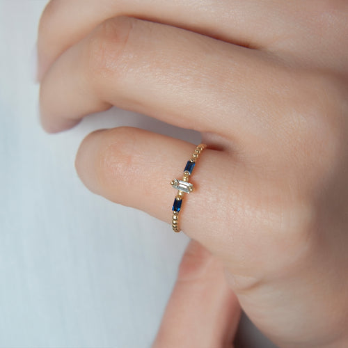 14K Gold Baguette Cut Diamond Sapphire Ring