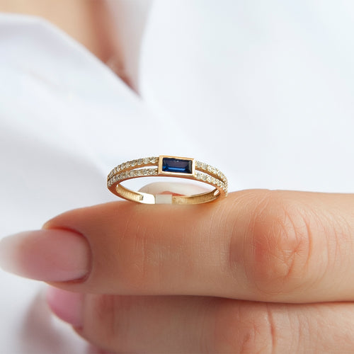 14K Gold Baguette Diamond Sapphire Ring