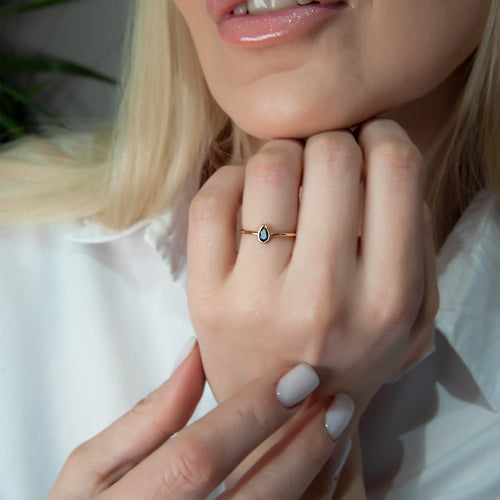 14K Solid Gold Pear Cut Solitaire Sapphire Ring