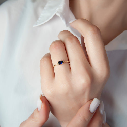 14K Solid Gold Oval Minimalist Natural Diamond Sapphire Ring