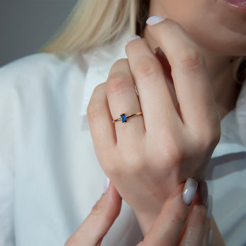 14K Solid Gold Baguette Cut Solitaire Sapphire Ring