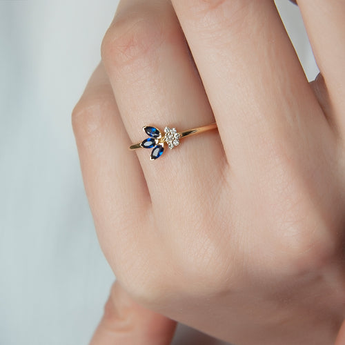 Diamond Sapphire Flower Ring, 14K Gold Everyday Ring