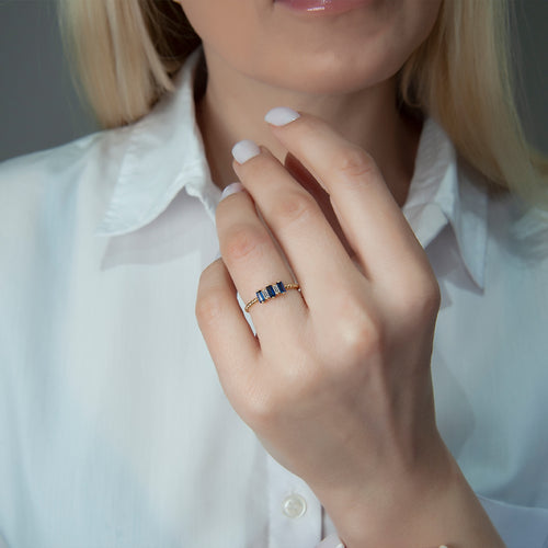 14K Gold Baguette Diamond Sapphire Ring
