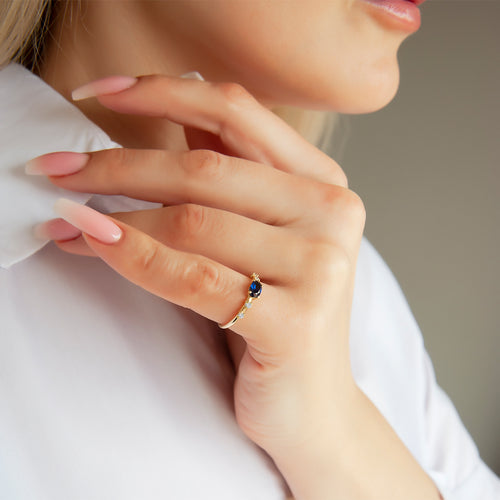 14K Solid Gold Oval Cut Diamond Sapphire Ring