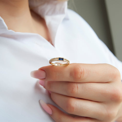 14K Gold Baguette Diamond Sapphire Ring