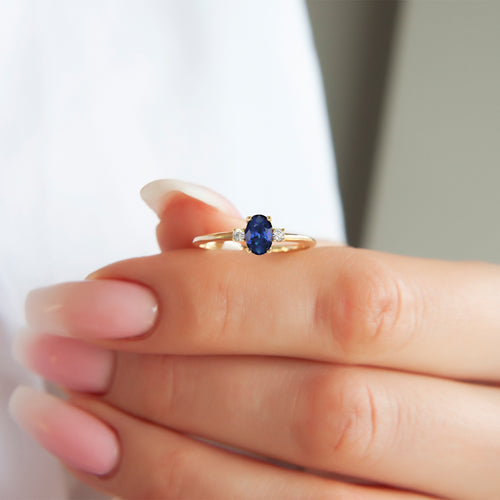 14K Gold Oval Cut Diamond Sapphire Ring