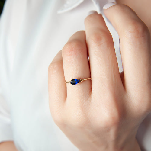 14K Solid Gold Oval Minimalist Natural Diamond Sapphire Ring