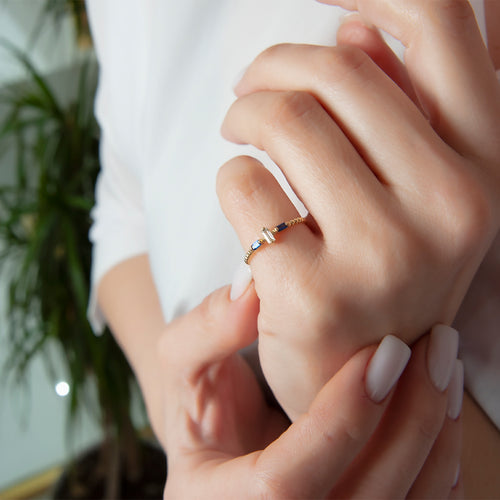 14K Gold Baguette Cut Diamond Sapphire Ring