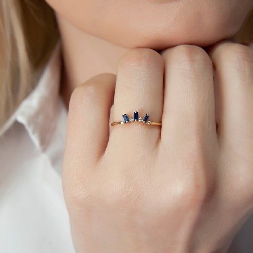 14K Solid Gold Baguette Diamond Sapphire Ring