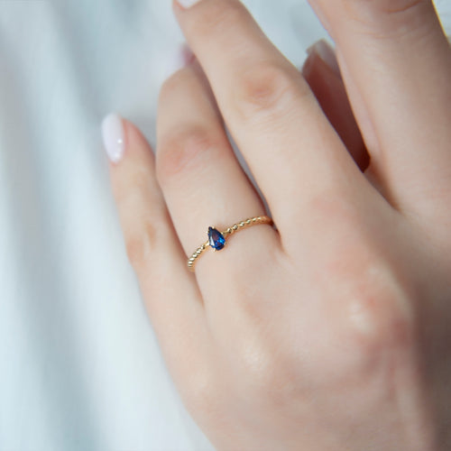 14K Solid Gold Pear Cut Sapphire Ring