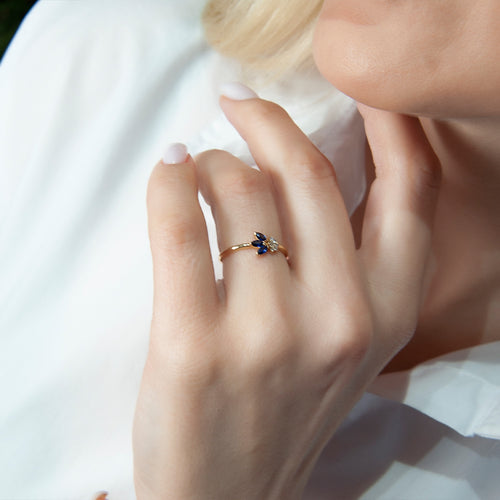 Diamond Sapphire Flower Ring, 14K Gold Everyday Ring