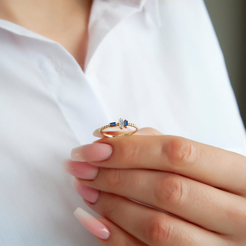 14K Gold Baguette Diamond Sapphire Ring