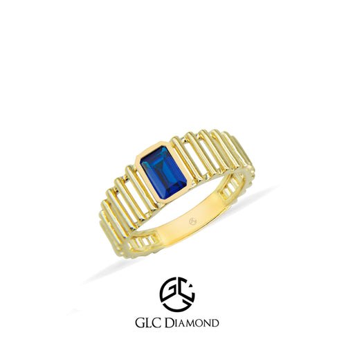 14K Gold Sapphire Ring with Rectangular Blue Gemstone and Unique Band Design
