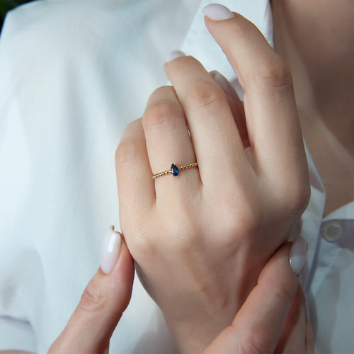 14K Solid Gold Pear Cut Sapphire Ring