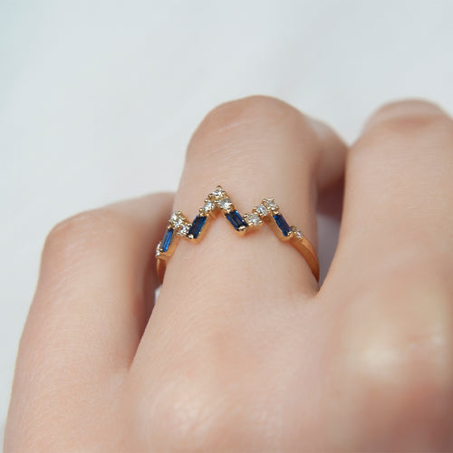 Gold Diamond Sapphire V Shape Ring, 14K Solid Gold Sapphire Ring