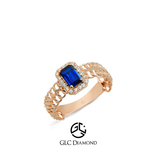 Stunning Gold Ring with Emerald Cut Blue Sapphire and Diamond Halo