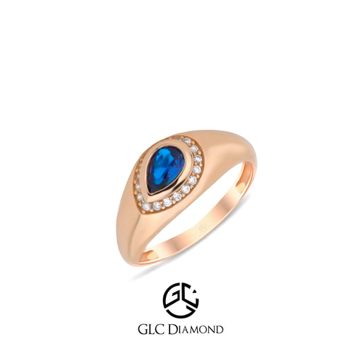 14K Gold Blue Sapphire & Diamond Pear-Shaped Signet Ring