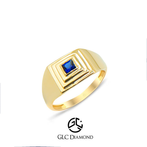 Geometric 14K Gold Sapphire Ring with Square Blue Gemstone