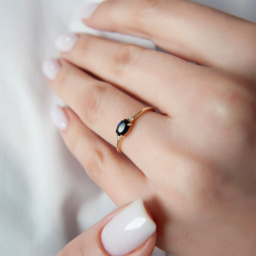 14K Solid Gold Oval Cut Diamond Sapphire Ring