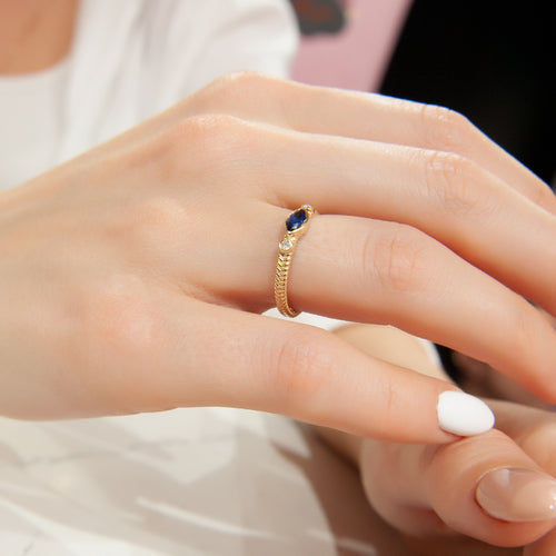 14K Gold Marquise Blue Sapphire Ring with Diamond Accents