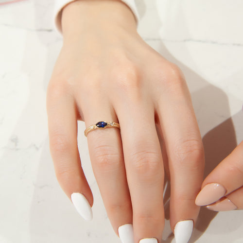 14K Gold Marquise Blue Sapphire Ring with Diamond Accents