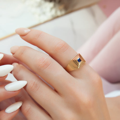 Geometric 14K Gold Sapphire Ring with Square Blue Gemstone