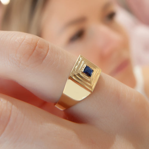 Geometric 14K Gold Sapphire Ring with Square Blue Gemstone