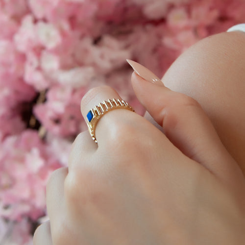 14K Gold Sapphire Ring with Rectangular Blue Gemstone and Unique Band Design