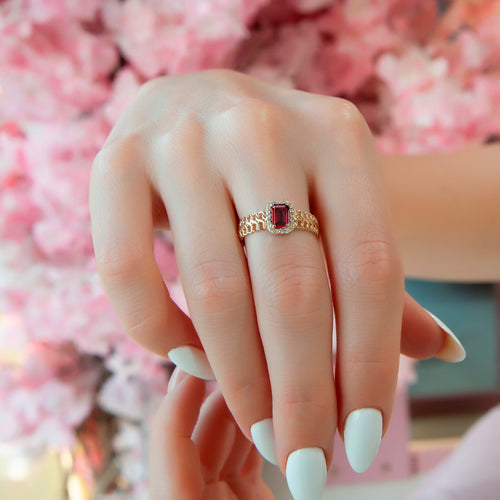 Stunning Gold Ring with Emerald Cut Red Ruby and Diamond Halo