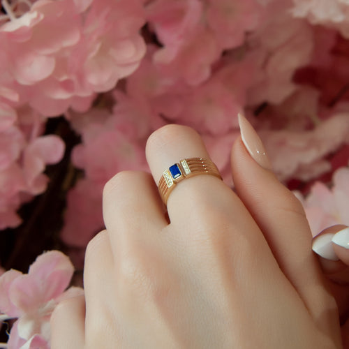 Elegant 14K Gold Ring with Emerald Cut Blue Sapphire and Diamond Accents